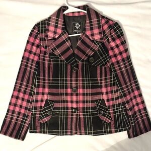 Abbie Mags Pink & Black Plaid Pea Coat Women’s S Wool blend Buttons Lined Winter